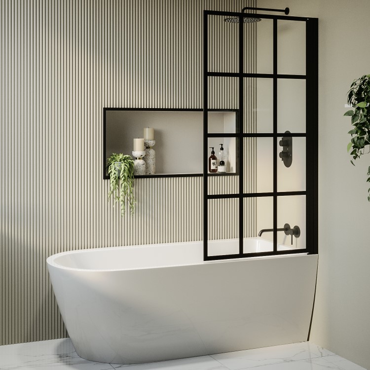 Freestanding Single Ended Right Hand Corner Shower Bath with Black Grid Bath Screen 1650 x 800mm - Amaro