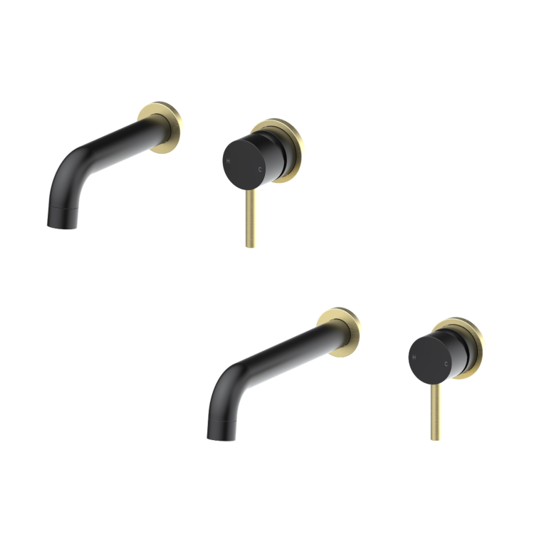 2 Tone Black and Brushed Brass Wall Mounted Basin and Bath Tap Pack - Arissa