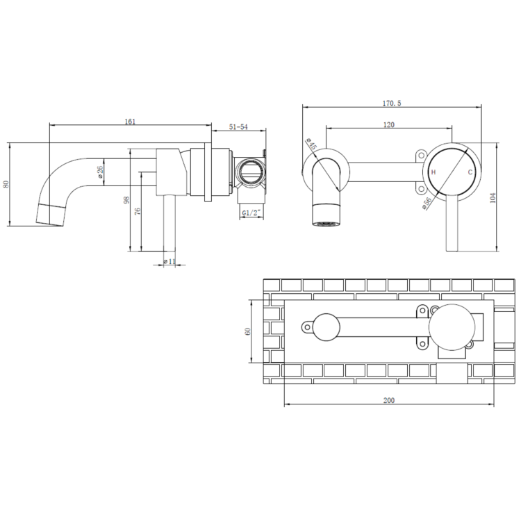 GRADE A1 - Black & Brass Wall Mounted Basin Mixer Tap - Arissa