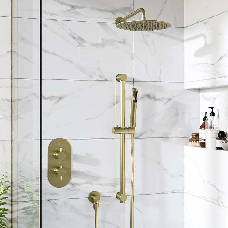 Brushed Brass Dual Outlet Wall Mounted Thermostatic Mixer Shower Set with Hand Shower - Arissa