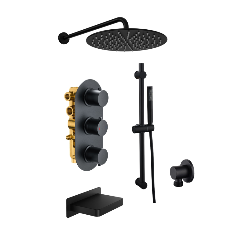 Black Triple Outlet Wall Mounted Mixer Shower Set With Hand Shower and Bath Filler Spout - Arissa