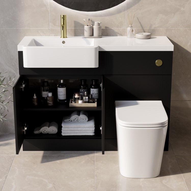 1100mm Black Left Hand Toilet and Sink Unit with Square Toilet and Brass Fittings - Bali