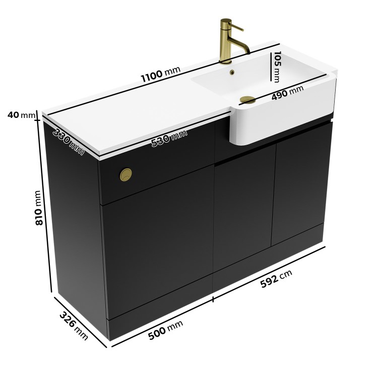 1100mm Black Right Hand Toilet and Sink Unit with Brass Fittings - Unit & Basin Only - Bali