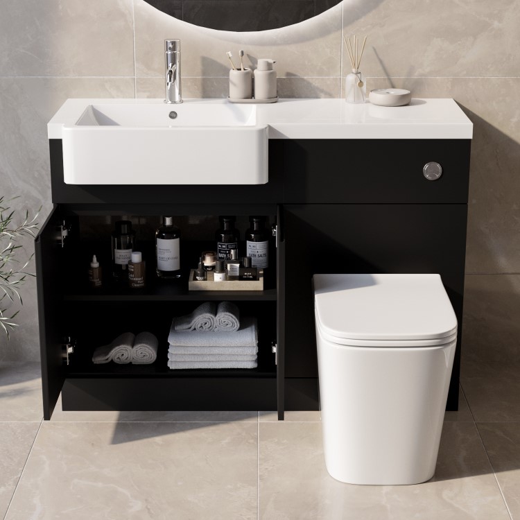 1100mm Black Left Hand Toilet and Sink Unit with Square Toilet and Chrome Fittings - Bali