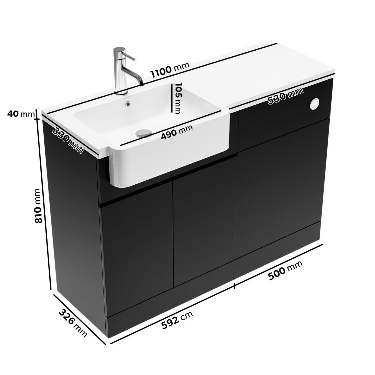 1100mm Black Left Hand Toilet and Sink Unit with Square Toilet and Chrome Fittings - Bali