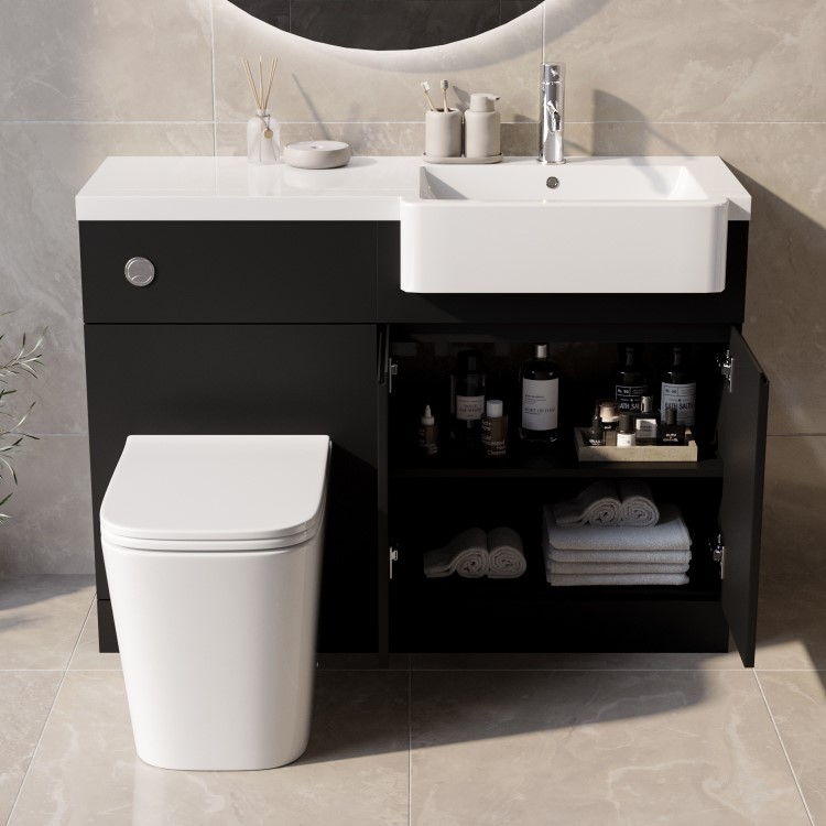 1100mm Black Right Hand Toilet and Sink Unit with Square Toilet and Chrome Fittings - Bali