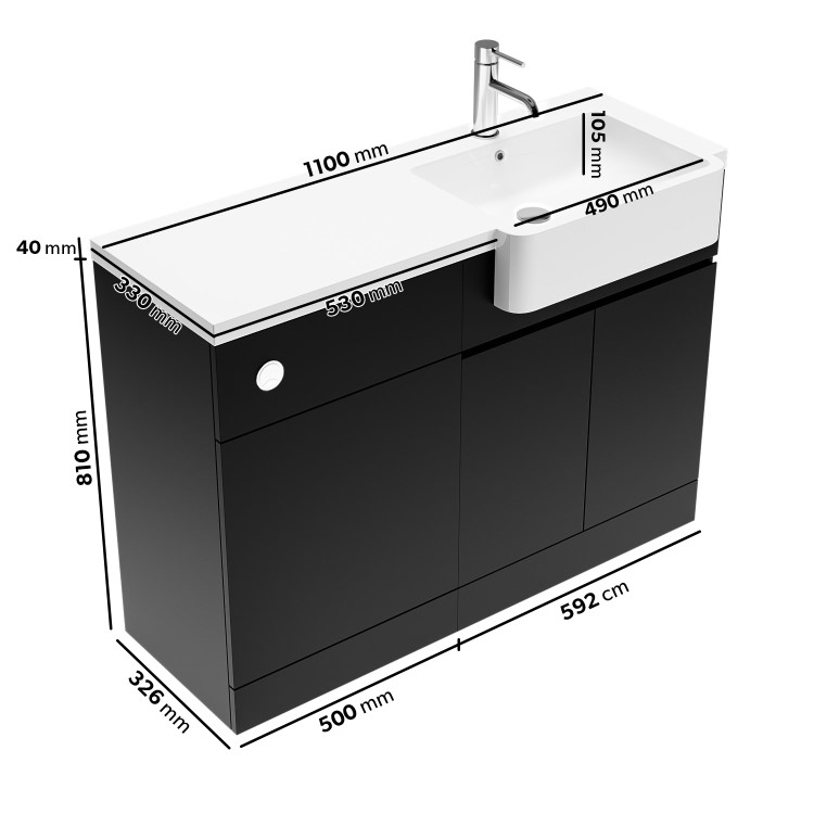 1100mm Black Right Hand Toilet and Sink Unit with Square Toilet and Chrome Fittings - Bali