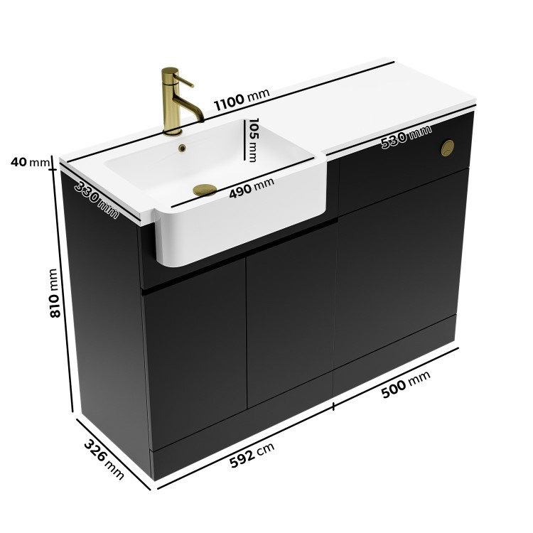 1100mm Black Left Hand Toilet and Sink Unit with Brass Fittings - Unit & Basin Only - Bali