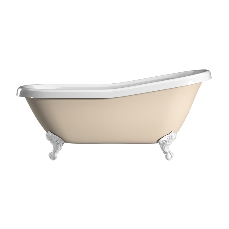 Beige Freestanding Single Ended Roll Top Slipper Bath with White Feet 1615 x 690mm - Bowland