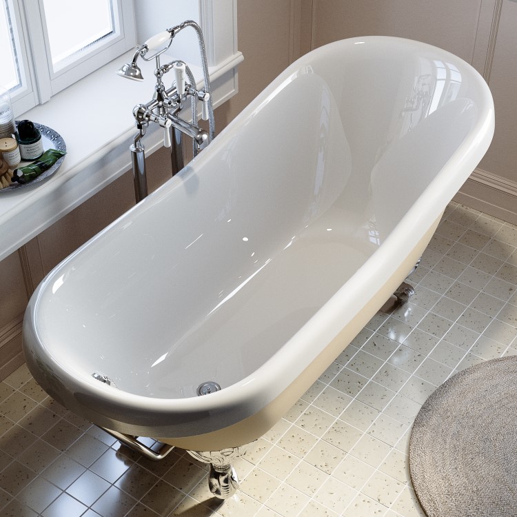 Beige Freestanding Single Ended Roll Top Slipper Bath with Chrome Feet 1615 x 690mm - Bowland