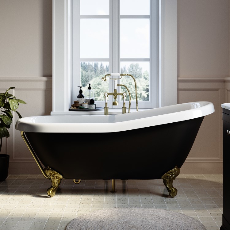 Black Freestanding Single Ended Roll Top Slipper Bath with Brass Feet 1615 x 690mm - Bowland