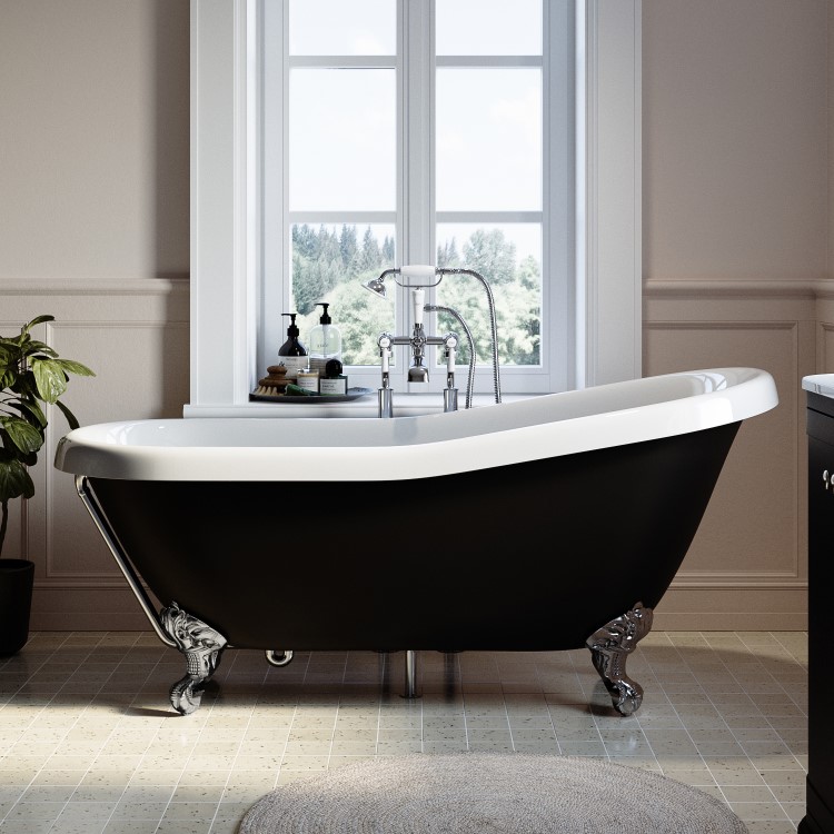 Black Freestanding Single Ended Roll Top Slipper Bath with Chrome Feet 1615 x 690mm - Bowland