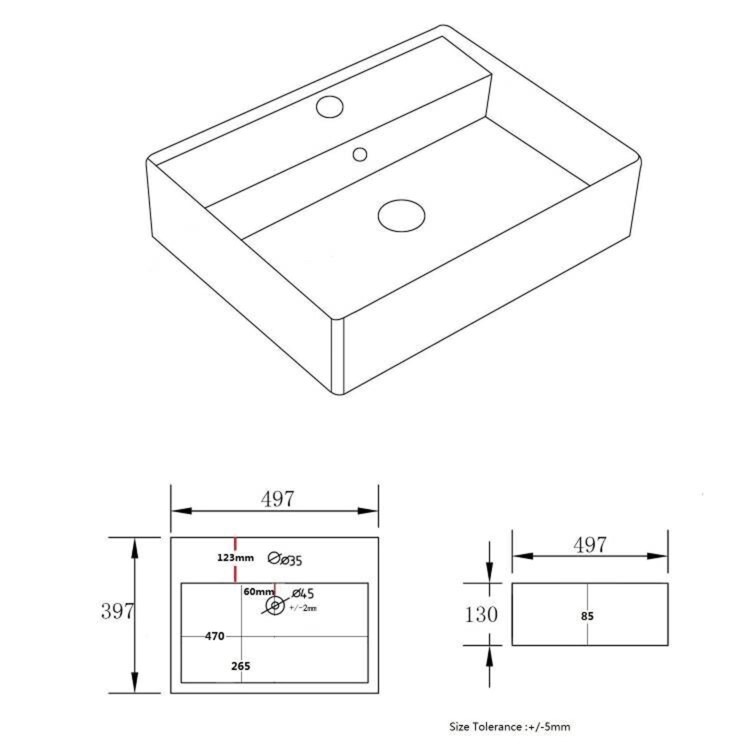 White Square Wall Hung Basin with Brass Rack 497mm - Bowen