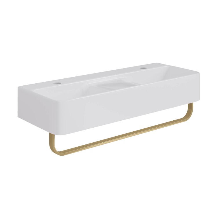 White Square Wall Hung Double Basin with Brass Rack 800mm - Bowen