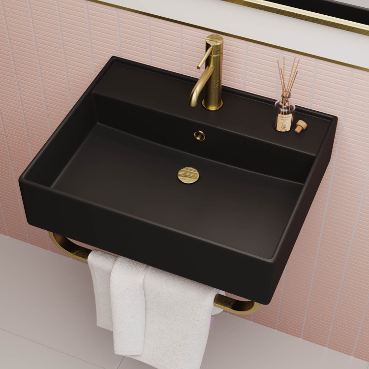 Matt Black Square Wall Hung Basin with Brass Rack 497mm - Bowen