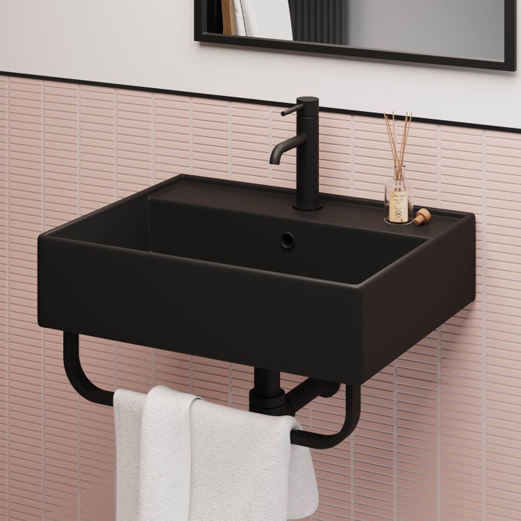 Matt Black Square Wall Hung Basin with Black Rack 497mm - Bowen