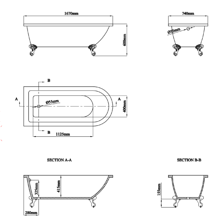 Freestanding Single Ended Shower Bath with Brushed Brass Screen & Feet 1670 x 740 mm - Park Royal