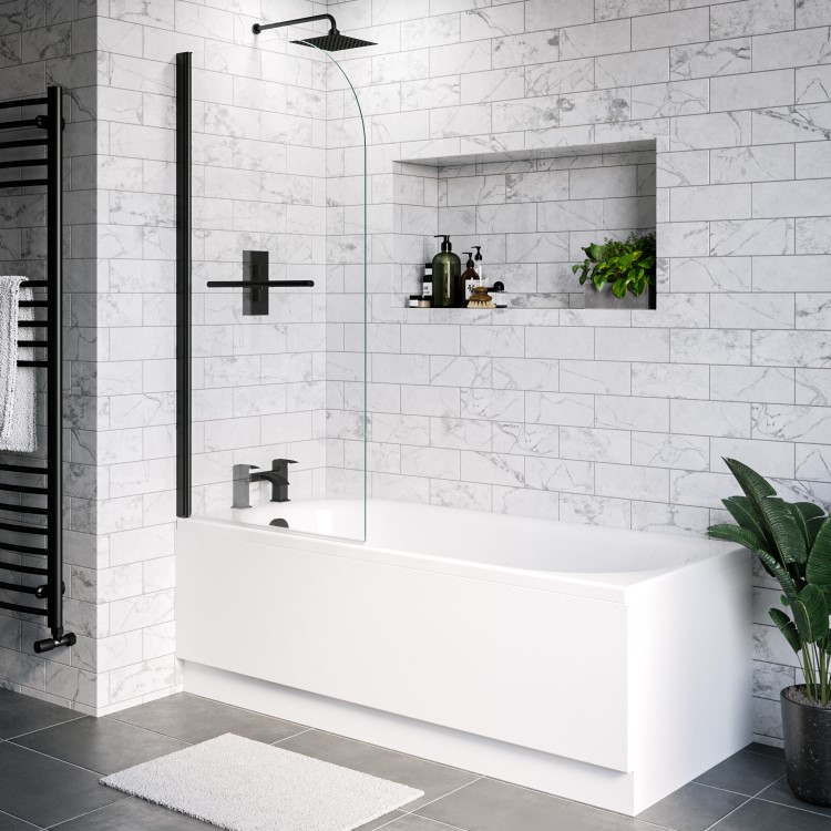 Single Ended Shower Bath with Front Panel & Black Bath Screen with Towel Rail 1600 x 700mm - Alton