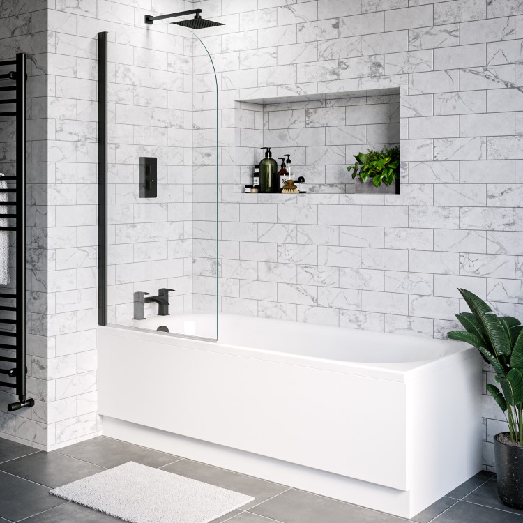 Single Ended Shower Bath with Front Panel and Hinged Black Bath Screen 1600 x 700mm - Alton