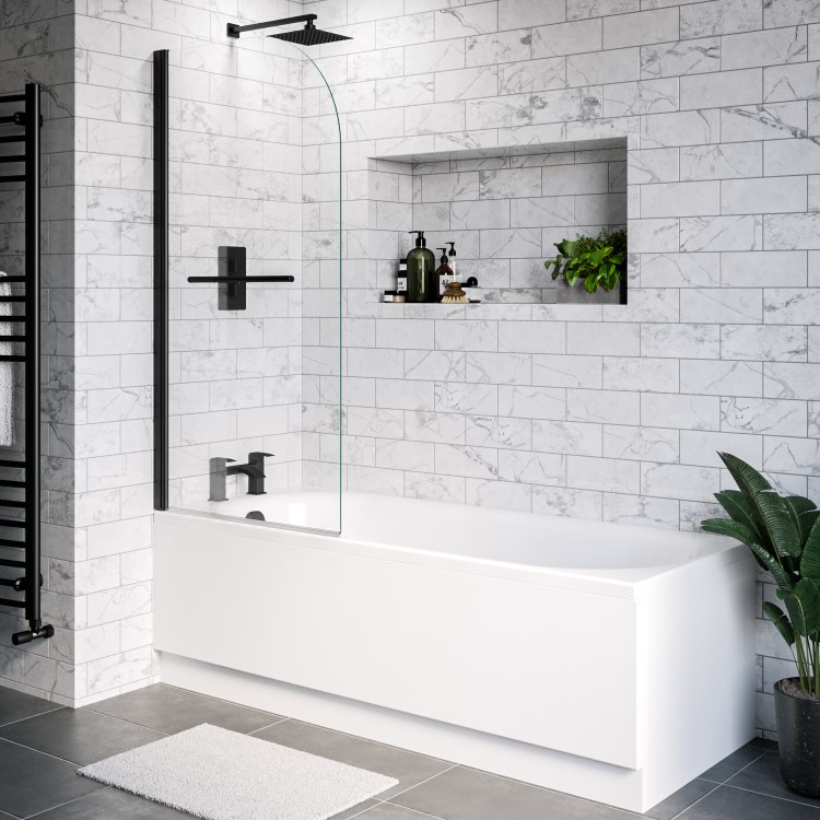 Single Ended Shower Bath with Front Panel & Black Bath Screen with Towel Rail 1700 x 700mm - Alton