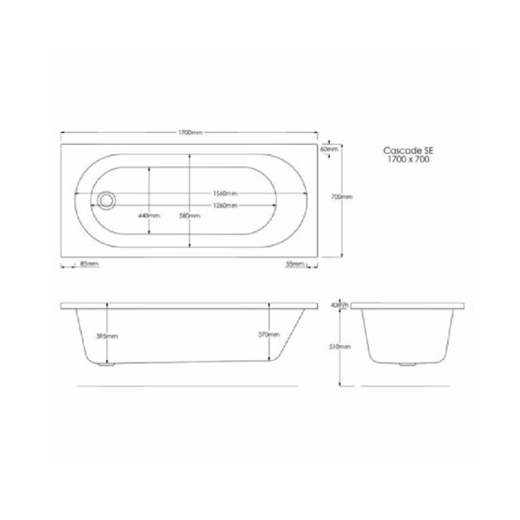 Single Ended Shower Bath with Front Panel and Hinged Black Bath Screen 1700 x 700mm - Alton