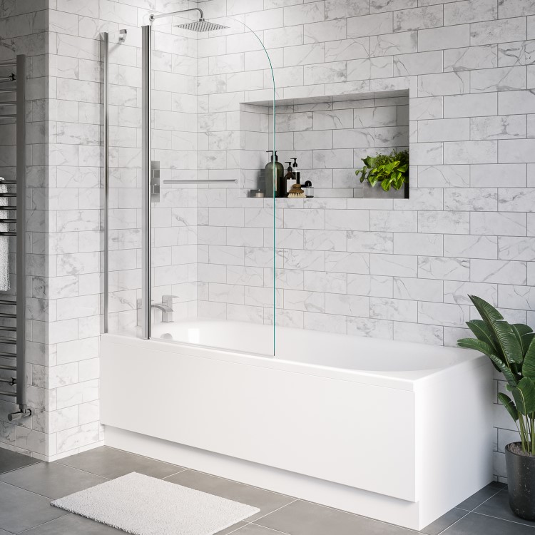 Single Ended Shower Bath with Front Panel & Hinged Chrome Bath Screen with Towel Rail 1800 x 700mm - Alton