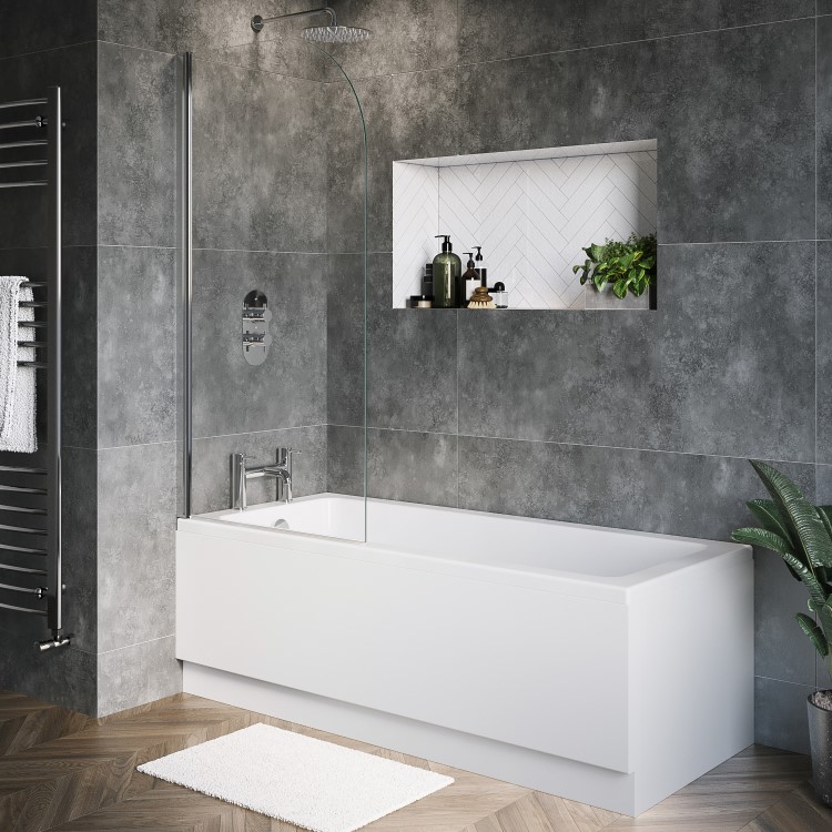 Single Ended Shower Bath with Front Panel & Hinged Chrome Bath Screen 1500 x 700mm - Rutland