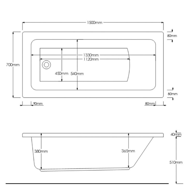 Single Ended Shower Bath with Front Panel & Hinged Chrome Bath Screen 1500 x 700mm - Rutland