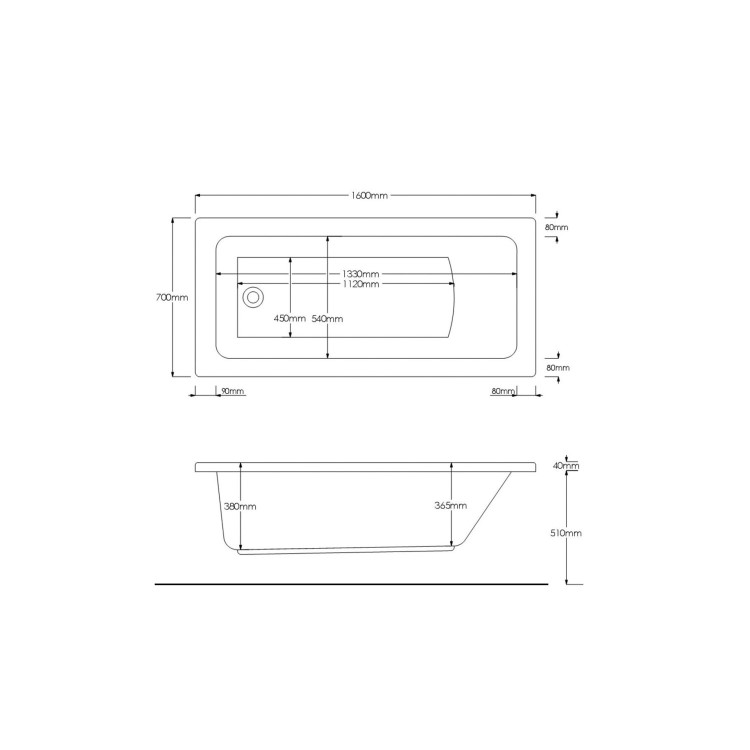 Rutland Single Ended Square Bath with Front Panel & Black Grid Screen - Right Hand 1600 x 700