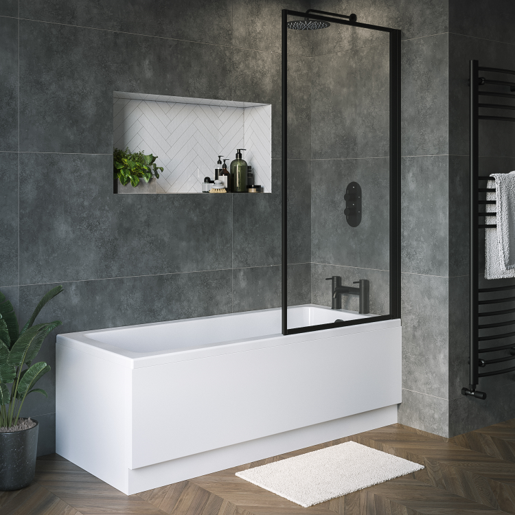 Single Ended Shower Bath with Front Panel & Black Framed Bath Screen 1600 x 700mm - Rutland