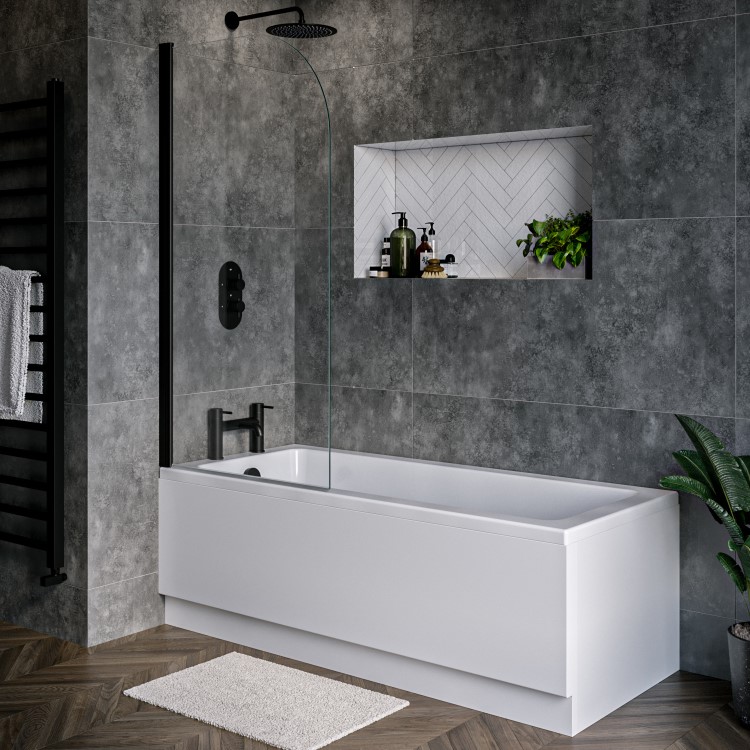 Single Ended Shower Bath with Front Panel & Black Bath Screen 1600 x 700mm - Rutland