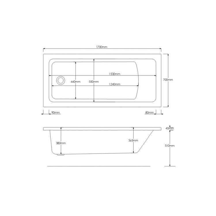 Rutland Single Ended Square Bath with Front Panel & Black Grid Screen - Left Hand 1700 x 700