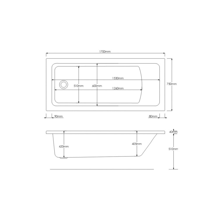 Single Ended Shower Bath with Front Panel & Black Framed Bath Screen 1700 x 750mm - Rutland