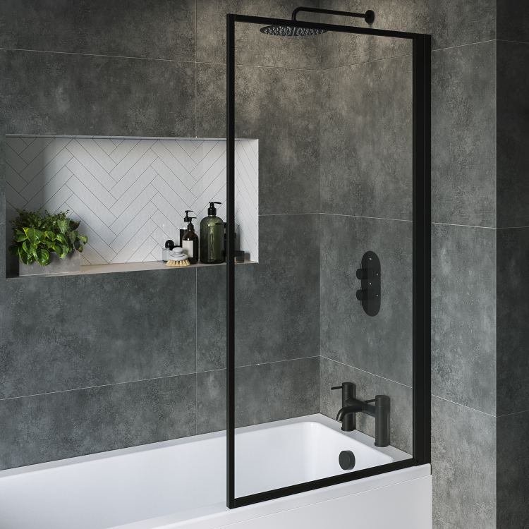 Single Ended Shower Bath with Front Panel & Black Framed Bath Screen 1800 x 800mm - Rutland