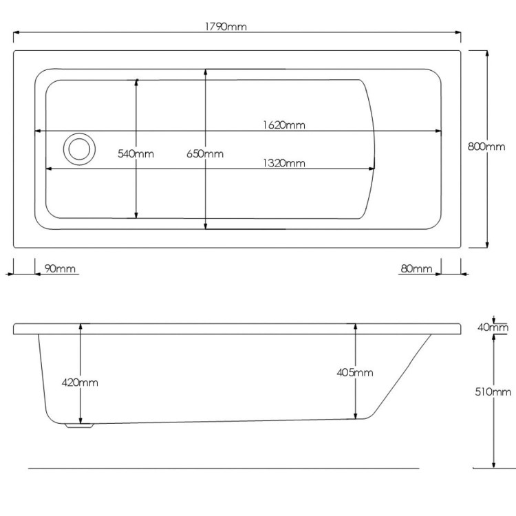 Single Ended Shower Bath with Front Panel & Black Bath Screen with Towel Rail 1800 x 800mm - Rutland