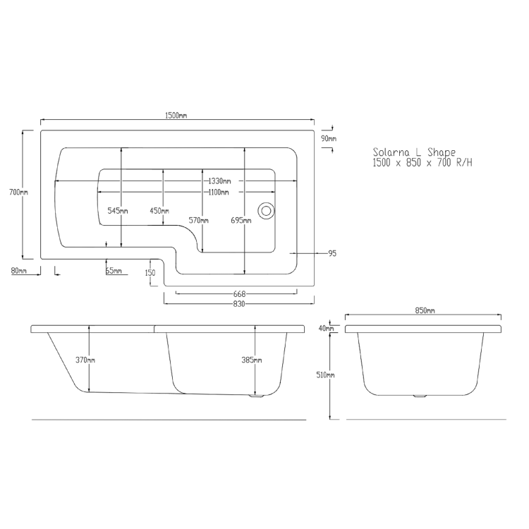 L Shape Shower Bath Left Hand with Front Panel & Chrome Bath Screen with Towel Rail 1500 x 850mm - Lomax