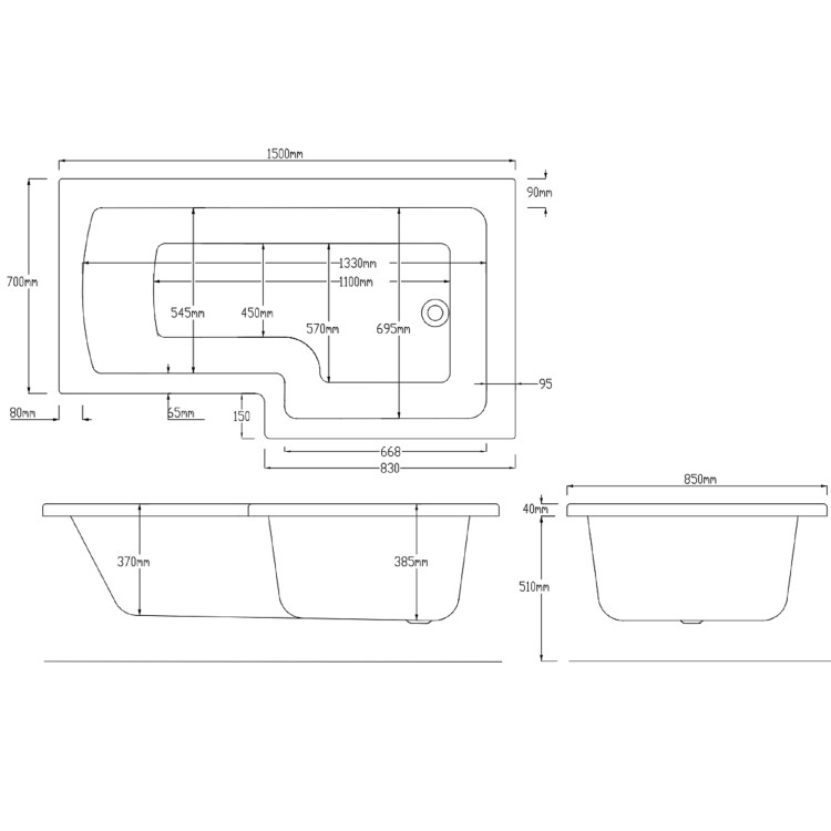 1500mm Left Hand Black Shower Bath Suite with Toilet Basin & Panels - Lomax