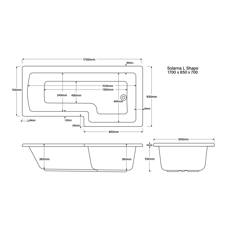 L Shape Shower Bath Left Hand with Front Panel & Black Bath Screen with Towel Rail 1700 x 850mm - Lomax