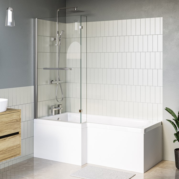 L Shape Shower Bath Left Hand with Front Panel & Chrome Bath Screen with Towel Rail 1700 x 850mm - Lomax