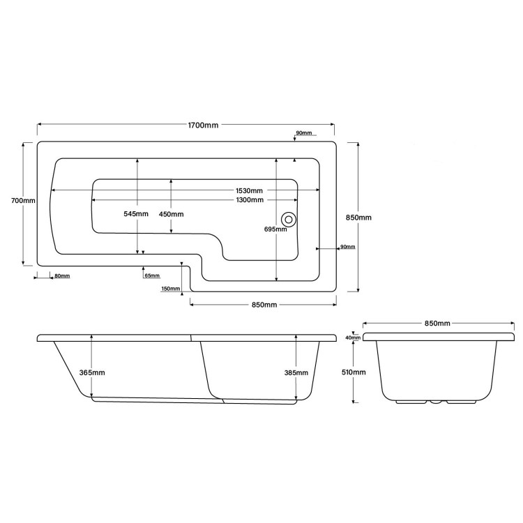 L Shape Shower Bath Left Hand with Front Panel & Brushed Brass Screen 1700 x 850mm - Lomax