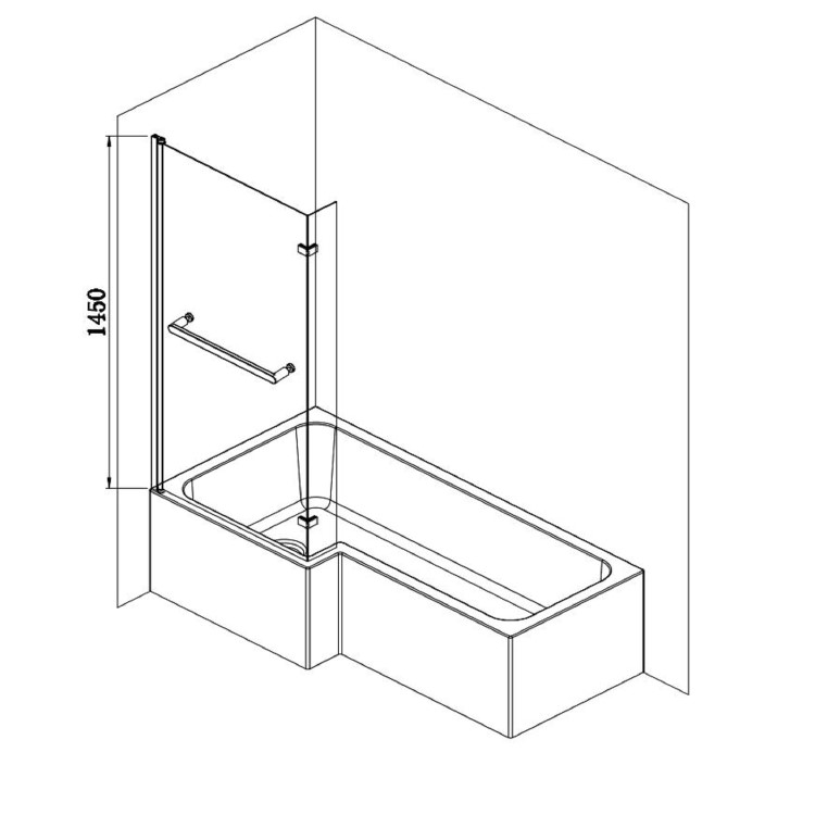 Lomax 1500 x 850 L Shaped Shower Bath Right Hand with Front Panel & Matt Black Bath Screen with Towel Rail