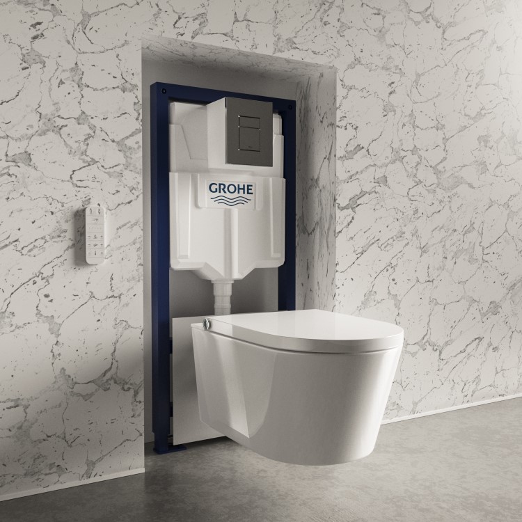 Wall Hung Smart Bidet Japanese Toilet & Grohe Frame Cistern and Chrome Flush Plate - Purificare