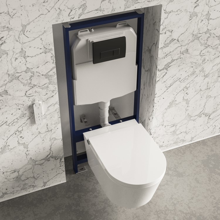 Wall Hung Smart Bidet Japanese Toilet & 1160mm Frame Cistern and Black Flush Plate - Purificare