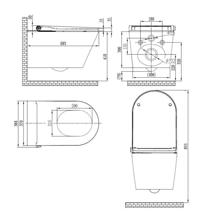 Wall Hung Smart Bidet Japanese Toilet & 1160mm Frame Cistern and Brass Flush Plate - Purificare