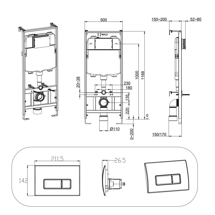 Albi Wall Hung Toilet 1160mm Pneumatic Frame & Cistern & Brushed Brass Flush Plate