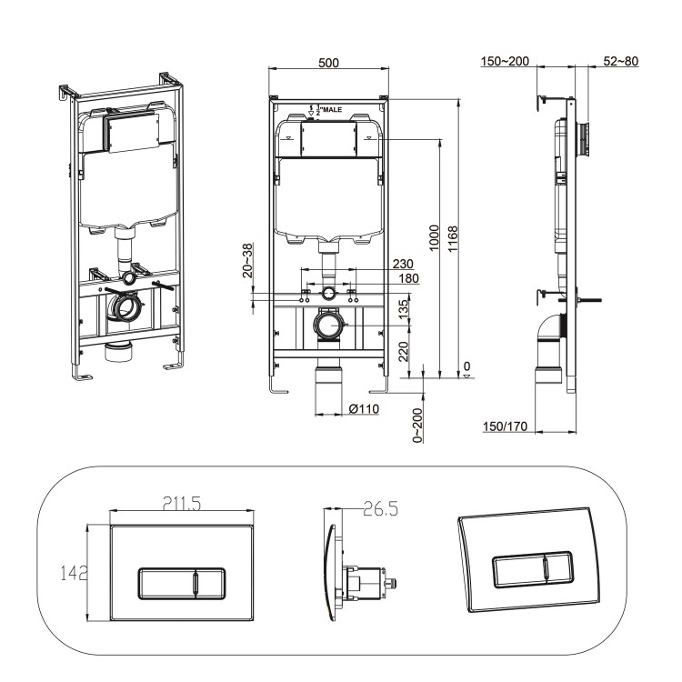 Wall Hung Smart Bidet Japanese Toilet & 1160mm Frame Cistern and Black Pneumatic Flush Plate - Purificare