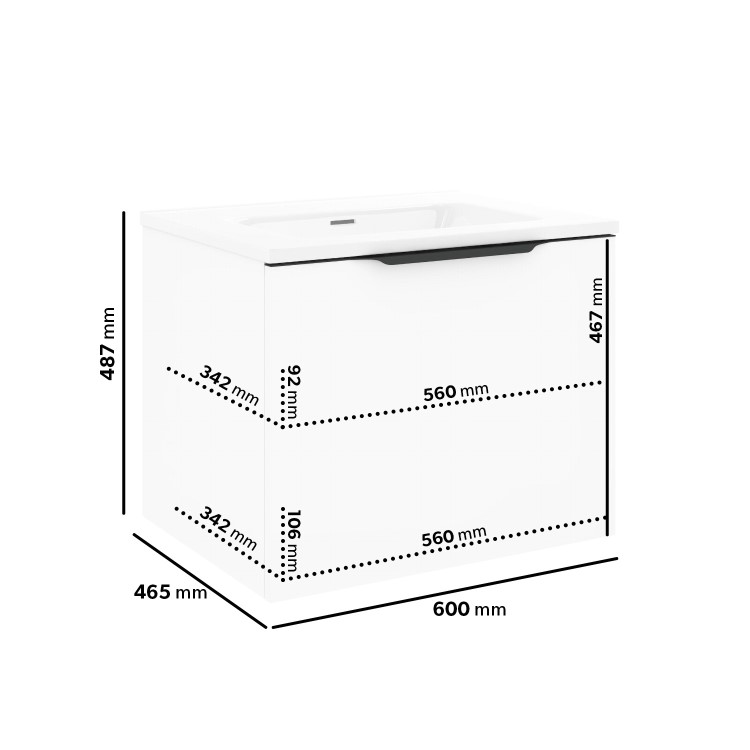 600mm White Wall Hung Vanity Unit with Gloss Basin - Sion