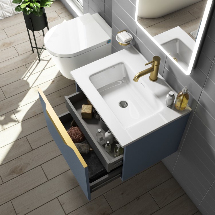 600mm Blue Wall Hung Vanity Unit with Gloss Basin - Sion