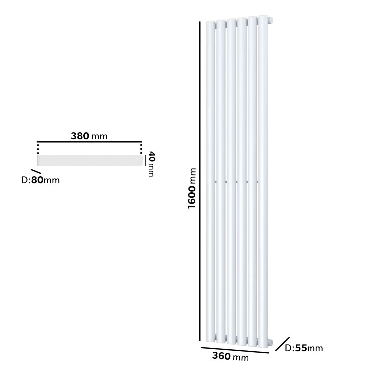 White Vertical Single Panel Radiator with Towel Bar 1600 x 360mm - Margo