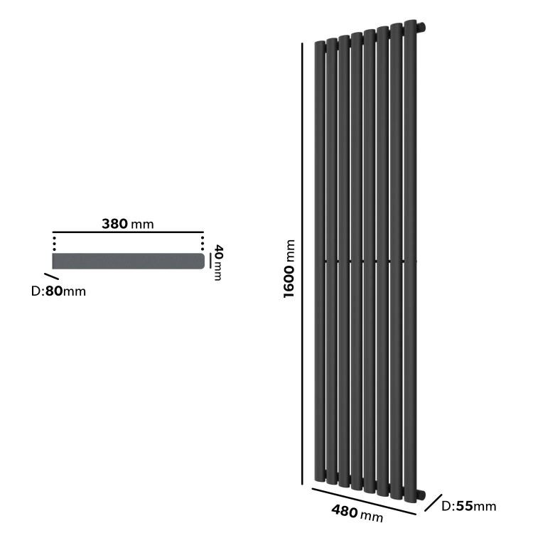 Anthracite Vertical Single Panel Radiator with Towel Bar 1600 x 480mm - Margo